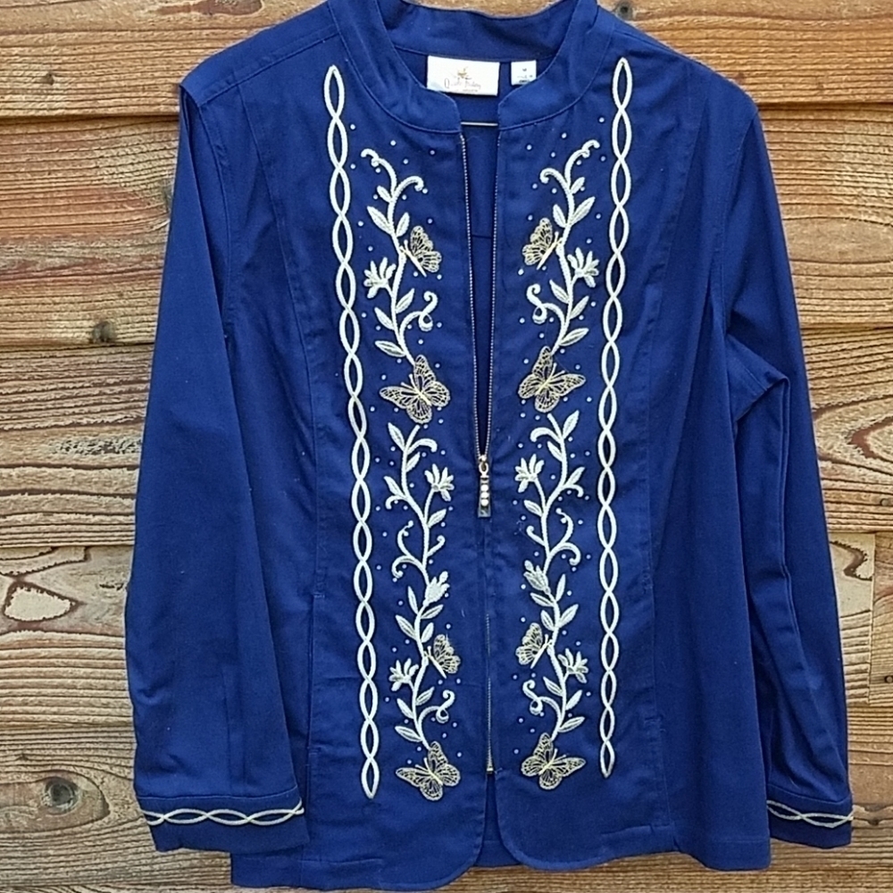 Quacker Factory jacket medium blue twill lurex